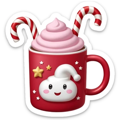 hot chocolete with pastel pink marshmallows in red christmas mug with stars and candy cane, trendy aesthetic sticker