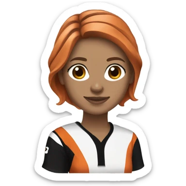 Caucasian ￼women with brown hair wearing a Cincinnati bengals jersey sticker