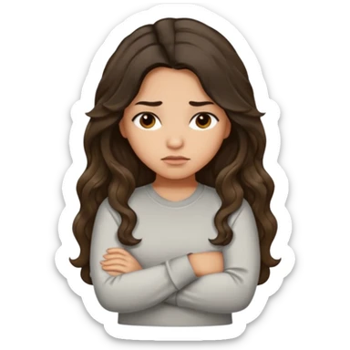 Hispanic light tan girl with long dark wavy hair pouting and arms crossed. Wearing a long sleeve. Hair with middle part. sticker