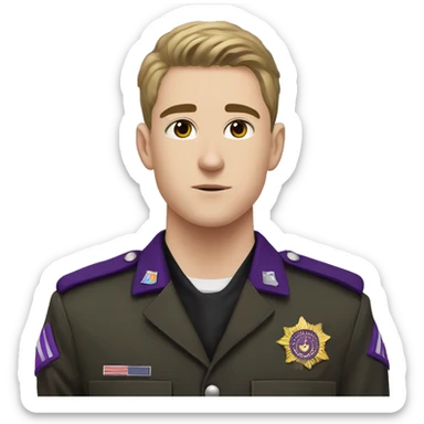 Young White Man , 19 years old, in black military uniform, with purple insignia. On the left of the uniform it says KDS sticker