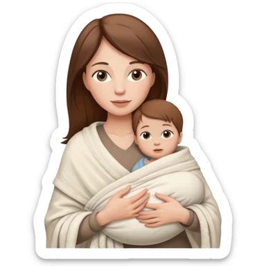 A white-skinned mother with brown hair holds her baby with white skin and brown hair in her arms, the baby is wrapped in a white blanket sticker