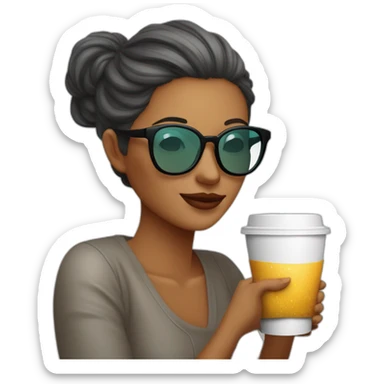 Mujer blanca, melena negra,con lentes semi al aire de color calipso. Con un lunar sobre el labio superior en la parte izquierda de la cara. Tomando un café y saludando sticker