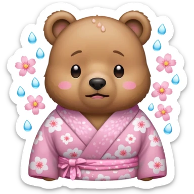 A cute light-brown bear wearing a pastel pink sakura-patterned kimono, normal balanced body ratio.  
Crying heavily with big teardrops streaming down the face, trembling lips and watery eyes.  
Kawaii emoji style, minimalistic clean sticker illustration, white background. sticker