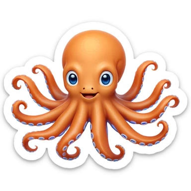 Cinematic Cute smiling Octopus Portrait Emoji, Head tilted playfully and inquisitively, featuring a rounded, light orange body embellished with playful blue rings, eight adorably curling arms, and big, twinkling eyes full of wonder, Simplified yet irresistibly adorable features, highly detailed, glowing with a warm, inviting underwater glow, high shine, affectionate and lively, stylized with a touch of whimsical cartoon charm, soft glowing outline, capturing the essence of a mischievous yet loving octopus that seems as if it could bob out of the screen into your arms! sticker