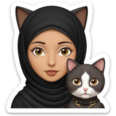 A Arabic woman human with brown eyes and black hijab. , the human is a human no cat ears, two cats, the both cats have the colour black and white in the same colour, not orange cat,  NO CAT EARS ON THE HUMAN ,  sticker