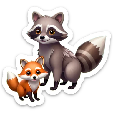 raccoon and a fox among a colorful forest with vibrant green trees, bushes and flowers. The animals are in the foreground, surrounded by a lush, bright forest, with soft sunlight filtering through the leaves. A playful photo-realistic and wild scene with a transparent background. sticker