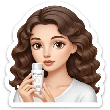 beautiful brunette with a light balayage white girl with nice curls/defined waves, very long hair, clean girl makeup APPLYING A FACE CREAM ON HER FACE sticker