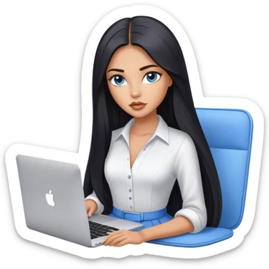 Glamours tanned very beautiful girl with pump nude lips and black straight smooth long hair, blue-grey eyes in beautiful clothing with MacBook. sticker