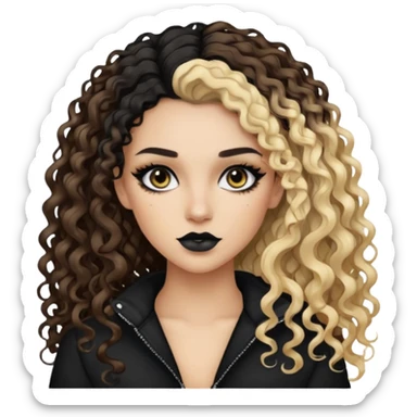 brunette split dye leftside blonde rightside black, baddie, pretty makeup, black eyeliner, long and curly hair sticker
