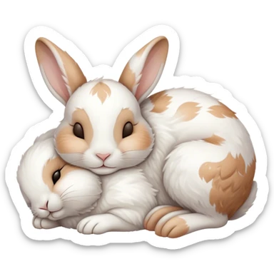 Meme-Worthy Cute Sleeping White and Brown Rabbit Portrait Emoji, Head resting peacefully with a contented smile, showcasing a delightfully balanced build and a luxuriously soft patterned fur of white and brown, eyes shut in a serene nap, Simplified yet hilariously adorable features, highly detailed, glowing with a soft, drowsy light, high shine, relaxed and utterly lovable, stylized with an air of playful laziness, bright and heartwarming, soft glowing outline, capturing the essence of a comically sleepy bunny, so meme-worthy it feels like it could instantly become the next viral sensation of adorable slumber! sticker