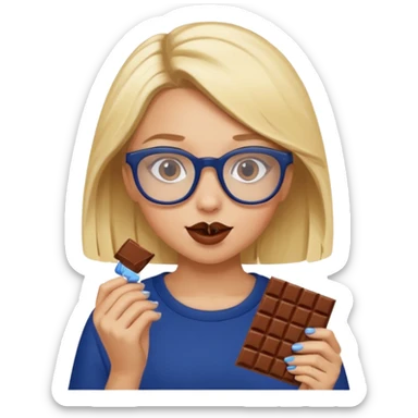 Blonde girl with navy blue framed glasses eating chocolate sticker