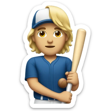 A blonde male with a middle part holding a baseball bat sticker