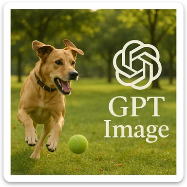  logo of chat gpt with text "GPT Image" on the background of a dog chasing ball, realistic image sticker