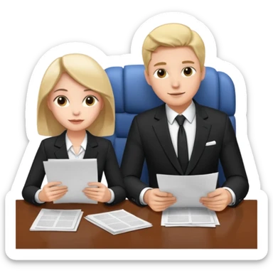 man in formal suit talking to woman in formal suit, they sit, papers in hands on the table sticker