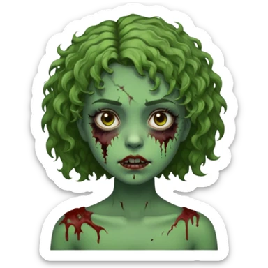 Garota, cabelos cacheados curtos na medida dos ombros, pele verde, olhos castanhos escuros, machucados pelo corpo, remetendo a um zumbi sticker