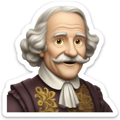Short pudgy old man over enthusiastic happy excited face bald forehead long wavy gray and brown brunette long wavy hair moustache Shakespearean dress vintage clothes hamlet sticker