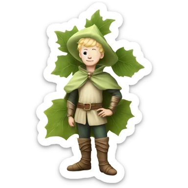 whimsical fairytale medieval pale boy who is tiny and wearing a giant leaf hat and big boots sticker