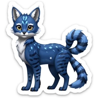 Cute kawaii cool edgy badass  glossy midnight-blue fur with silver starlight dusting fantasy-caracal-civet-genet-sergal-vernid-Gryphon-Cacomistle-Trico-oncilla-animal-Fakémon-hybrid-fursona (full body), facial markings, (realism style) sticker