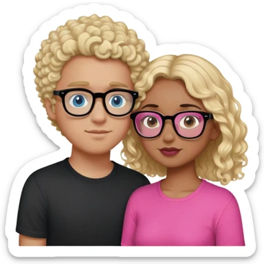 intimate moment between lovers, boy he has, blonde hair black glasses and blue eyes and a black shirt, Girl with a mixed skin tone, she has dark brown curly hair, pink glasses, and a pink shirt sticker