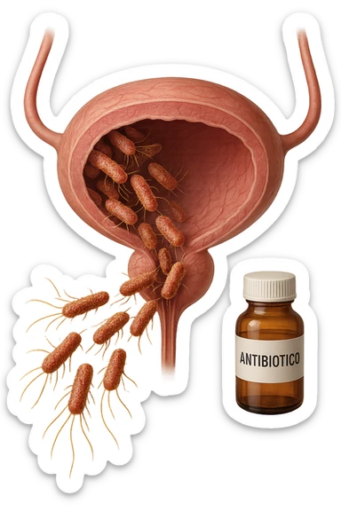 batteri intestinali che migrano ed entrano in una vescica anatomica realistica per infettarla, davanti a lei fluttua una boccetta con la scritta "ANTIBIOTICO", iperrealistico 4k sticker
