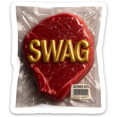 juicy steak with shiny gold 'SWAG' text across the surface, shiny and inflated vacuum-sealed style sticker