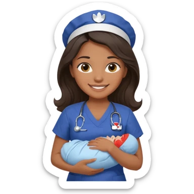Female nurse smiling with long dark wavy hair with medium brown skin and brown eyes holding one new born with navy blue short sleeves sticker