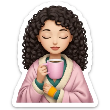 woman with medium tone, black long 3b curls, closed eyes, feminine face, holding soft pink coffee cup with beige blanket over shoulders sticker