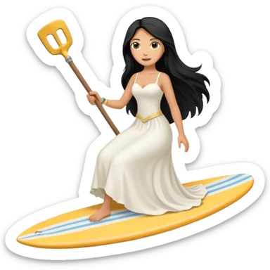 Bride black long hair holding her phone and long shovel with another hand. Under her feet, there is one surfing board. sticker