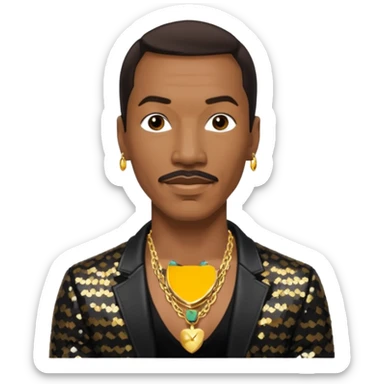 Eddie Murphy with dark brown hair, black sequin jacket, shirtless with necklace sticker