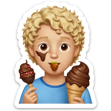 boy blonde curly hair, chef, eating big chocolate ice cream sticker