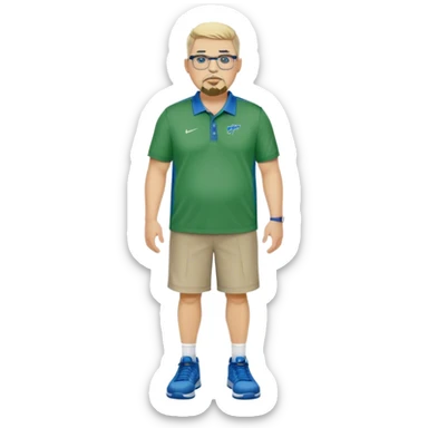 Full Body white male plus size wearing glasses with a goatee with light blonde and gray very short hair mad basketball head Coach in blue and green wearing Nike polo sticker