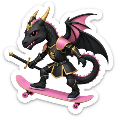 zwarte ridder met een zwarte zwaart en een zwarte schild met een zwarte draak op en hij skate met een roze skatebord sticker