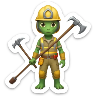 full body reptilian gold mining worker holding a pickaxe sticker