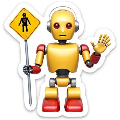 friendly robot with a helping hand and a warning sign representing an AI agent for reporting child abuse sticker