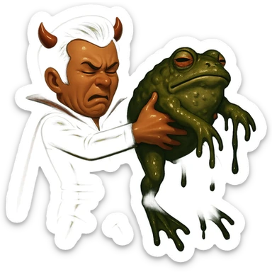 Remove all text from the image. Dress the character in a black leather jumpsuit instead of white, keep the short cape and very tiny horns. The character is holding a giant slimy toad away from himself with both hands and straight arms, head turned away in disgust, cringing. The background is swampy. Use retro sticker style with no borders. Maintain the grim vibe of the image. sticker