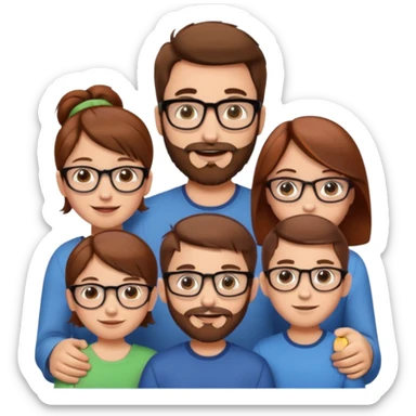 cheerful white European family, man with brown hair and beard, woman with brown hair in bun and glasses, 10-year-old boy with short brown hair, 8-year-old girl with long brown hair, 6-year-old boy with short red hair, emoji style sticker
