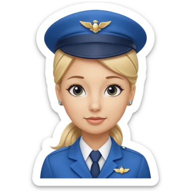 Create an emoji of a female flight attendant with blonde hair tied up, wearing a blue flight attendant hat and a blue flight attendant uniform. sticker