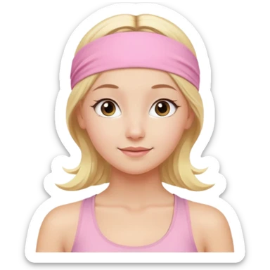 close-up of a beautiful angelic blonde girl's face, fresh and lively gaze, light pink yoga headband sticker