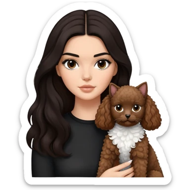 Kendall Jenner with long dark hair, holding a brown poodle and a black and white cat sticker