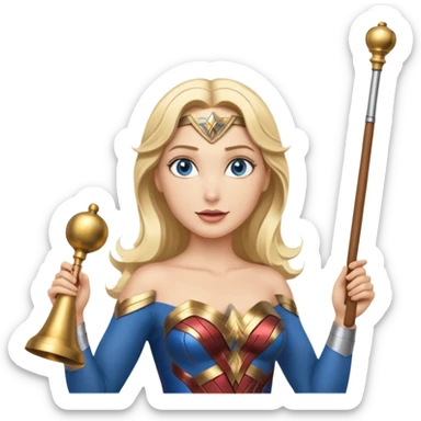 Blonde blue eyes Wonder Woman holding bell and short white orchestra conductor’s baton  sticker
