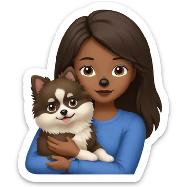 A brunette girl holding a Pomeranian dog who has black face but in the middle it’s white line sticker