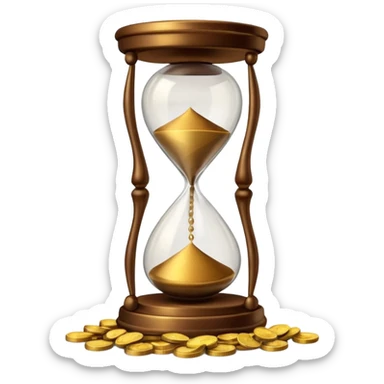 Realistic 3D render of a stack of shiny gold coins with brown hourglass beside it. The hourglass has transparent glass with dark golden-brown sand flowing inside and warm brown top and base. Soft lighting, clean white background, smooth shadows, high detail, symbolizing time and wealth. sticker