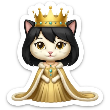 regal cat wearing a crown and elegant dress, long black wig sticker