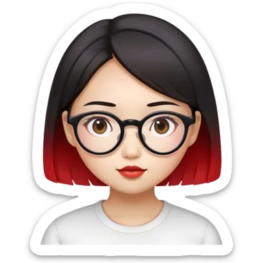 asian girl with round face, straight black brown hair with gradient red in the end, wear glasses sticker