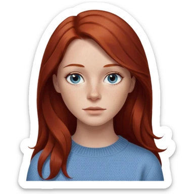 woman with long dark auburn red hair that is mostly straight but has slight waves to it. grey blue eyes. some freckles. wearing a Swedish style sweater that is neutral. the image on the right is closer sticker