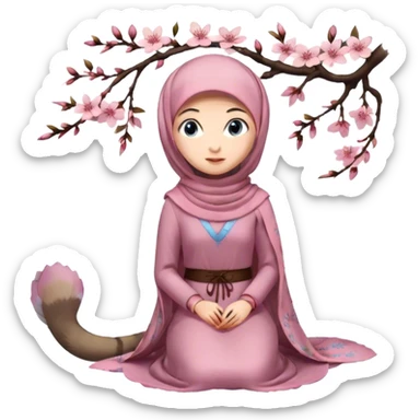 Turkish beautiful finish Konya girl blue eyes with hijab and cherry blossom dress long tailed on the floor  sticker