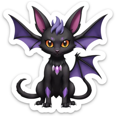 Black dark spooky badass cool shiny glossy smooth soft Black edgy Noivern-Noibat-Purloin-Torracat-Lykoi-Caracal-cat-Fakemon-fusion-hybrid-creature with bat wings on head as ears, big fangs, gothic markings sticker
