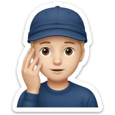 A boy wearing a cap who puts his hand in his face sticker
