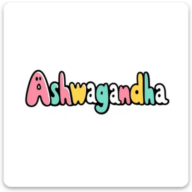 The word "Ashwagandha" hand-drawn in a vibrant tropical color scheme with pinks, teals, and yellows. Simple doodle style with minimal decoration. sticker