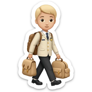 Picture → Child with school bag going to school
Label → “I go to school.” sticker